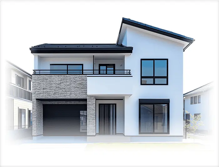 白を基調とした外壁と黒い屋根の2階建て新築戸建住宅の外観