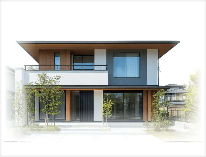 木目調とホワイトを組み合わせたデザイン性の高い2階建て戸建住宅