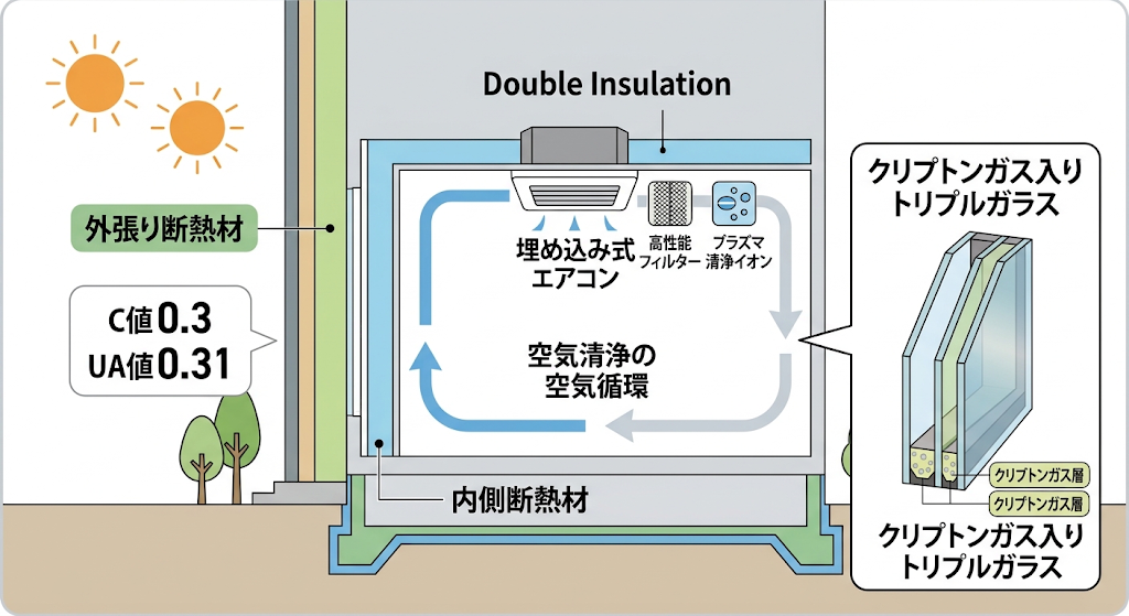 内外ダブル断熱壁、トリプルガラス窓、天井埋込エアコンによる空気循環を説明する断面図。