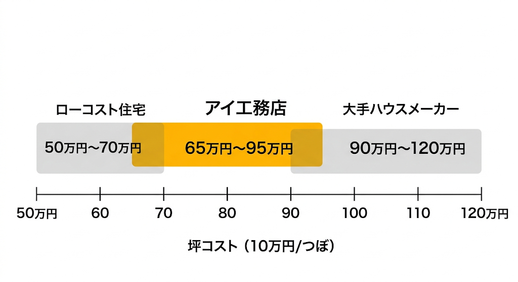坪単価50万〜120万円の数直線上にローコスト住宅・アイ工務店・大手ハウスメーカーの帯を並べた図
