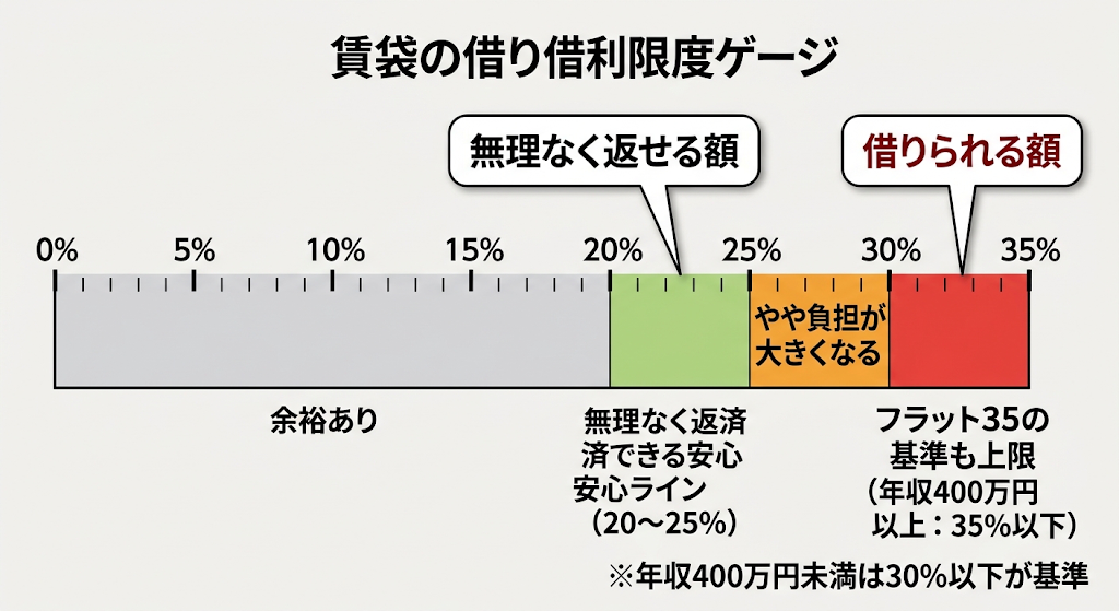 返済負担率の目盛りゲージ図解。無理なく返せる額(20〜25%)と借りられる額(35%)の差を表現。