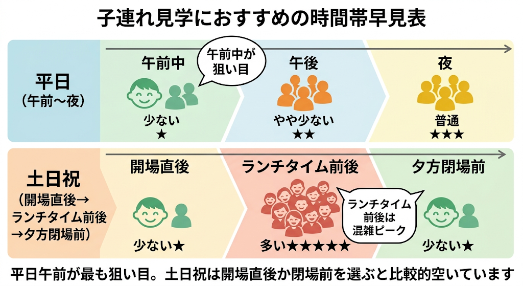 子連れ見学におすすめの時間帯早見表(平日・土日祝の混雑度と狙い目時間)