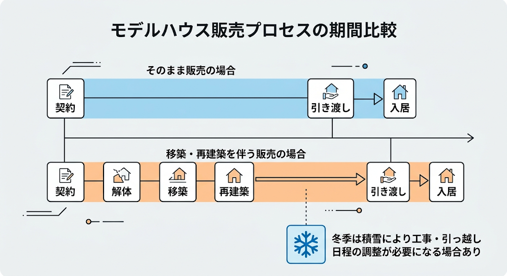 展示用住宅の販売方法2パターン(そのまま販売・移築再建築)を比較解説した図解