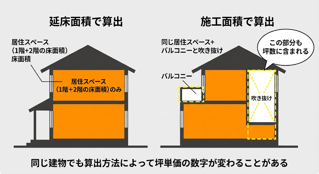 延床面積と施工面積の違いによる坪単価の変化を説明する住宅シルエット比較図