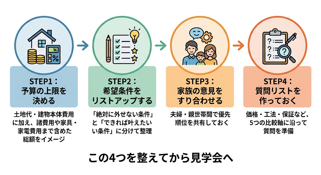 見学会当日までの準備4ステップ（予算・希望条件・家族の意見・質問リスト）を並べた図解。