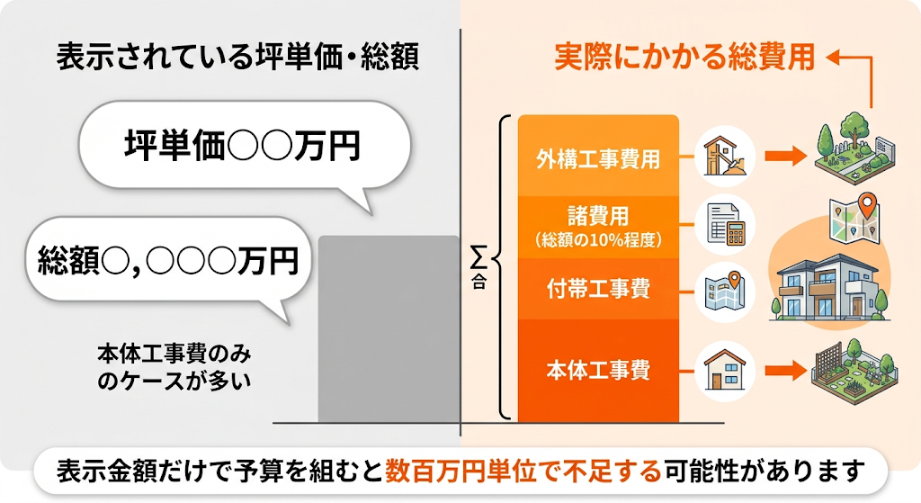 「表示金額と実際の総費用の比較図。左はグレーの簡略化された棒、右はオレンジの積み上げ棒でコスト差を強調。」