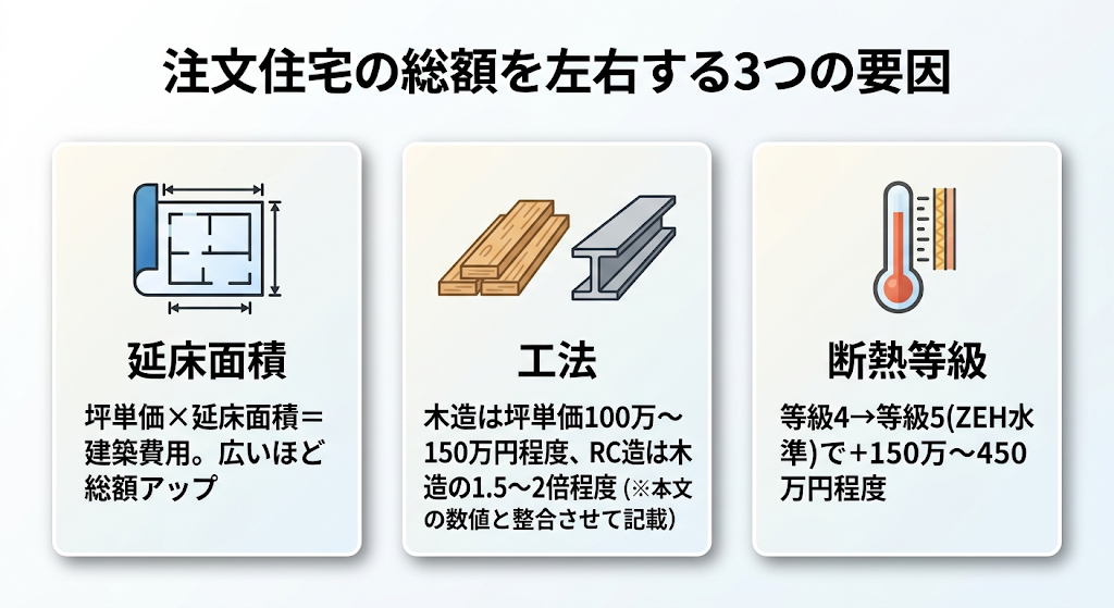 注文住宅の総額を左右する3要因(延床面積・工法・断熱等級)を並列で解説した概念図