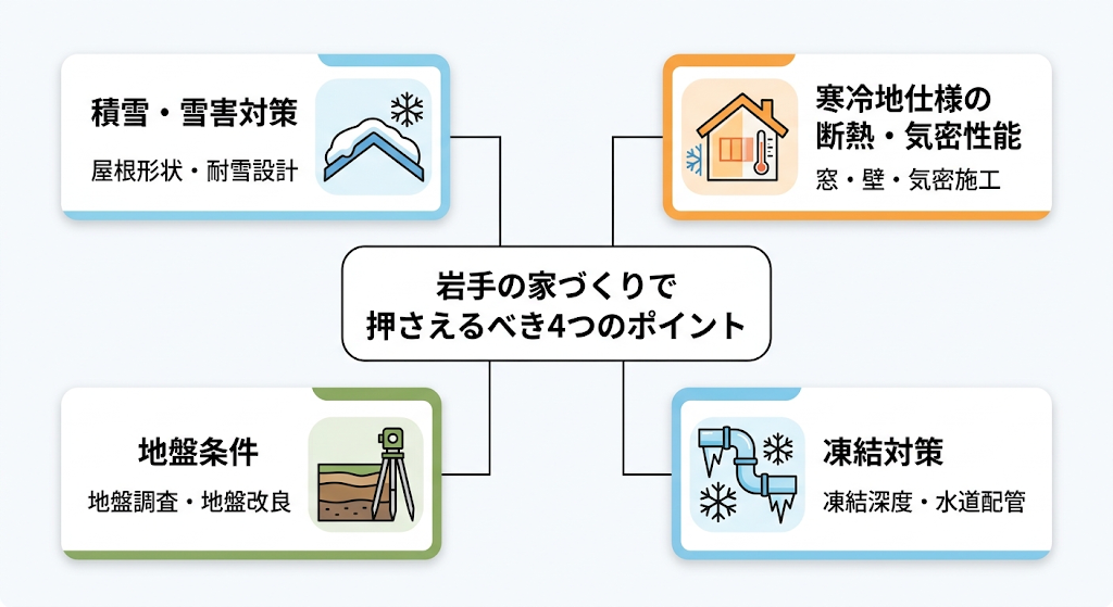 岩手の家づくり4つのポイント(積雪・断熱・地盤・凍結対策)をまとめた概念図