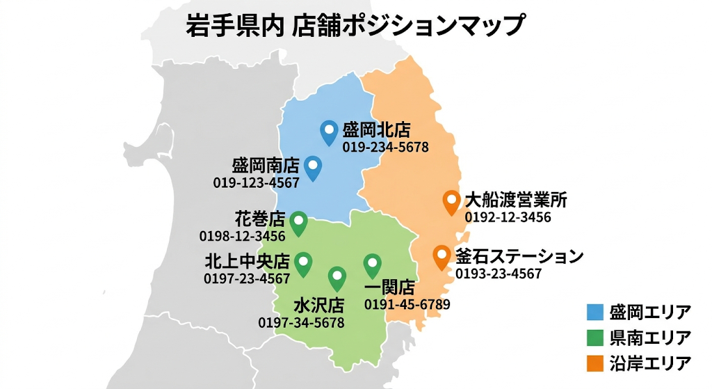 岩手県内店舗配置図：盛岡・県南・沿岸の3エリア別色分けと各店舗のピン・電話番号表記マップ