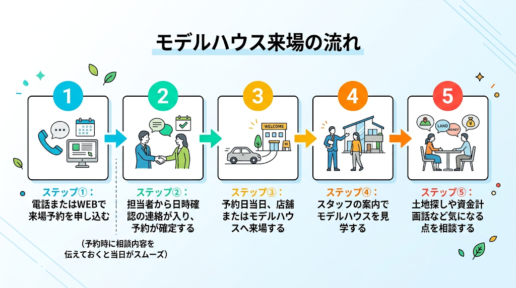 モデルハウス来場予約から見学・相談までの5ステップの流れを示す図解フロー