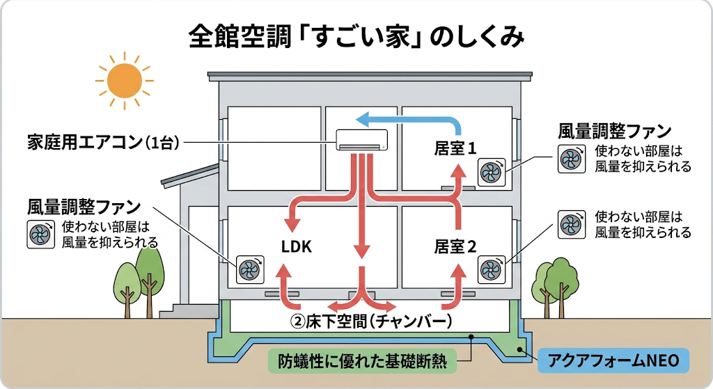 家庭用エアコン1台で床下経由で各部屋へ空気を巡らせる全館空調の住宅断面概念図